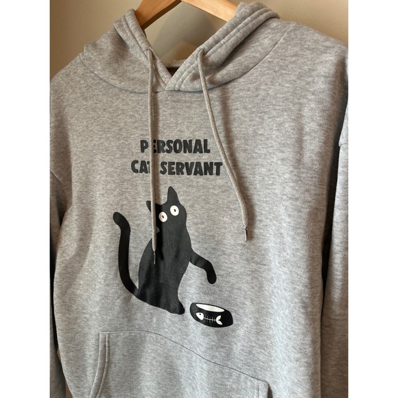 Grey Cat Graphic Hoodie Sweatshirt Personal Cat‎ Servant Pullover Size S - Picture 9 of 9